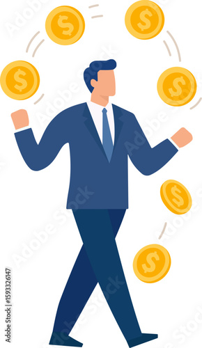 A businessman juggles and drops coins, symbolizing challenges in financial management, lost income, or struggling to balance investments