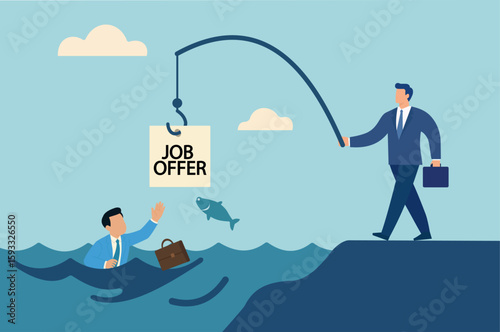 A businessperson rescues a struggling man in water with a "Job Offer" using a fishing rod, symbolizing opportunity and career support