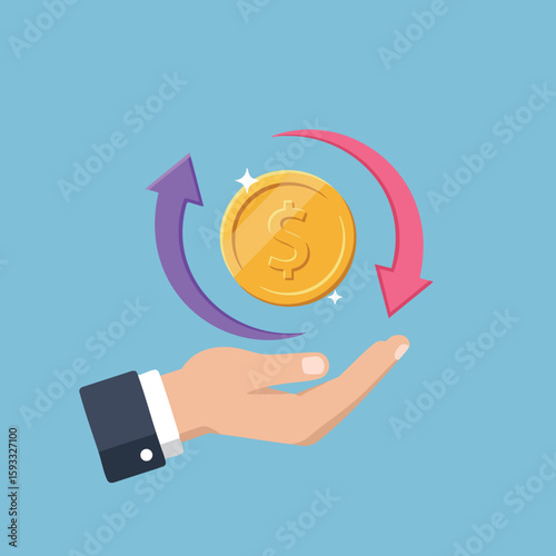 Hand holding gold coin with dollar symbol and circular arrows representing money exchange flow vector illustration 