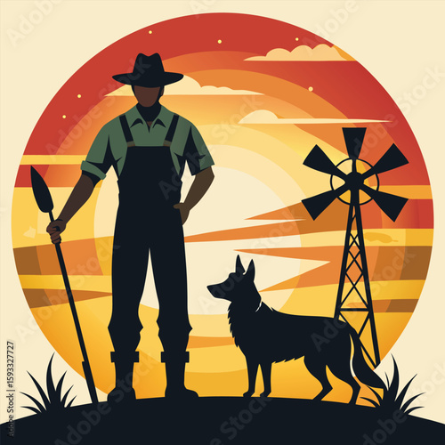 Pure black design featuring a standing farmer holding a shovel or pitchfork beside a loyal dog, with a classic tall windmill and crop field in the background, all isolated on white background 
