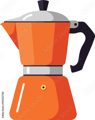 Orange stovetop moka pot coffee maker kitchen appliance vector illustration with black handle and silver lid 