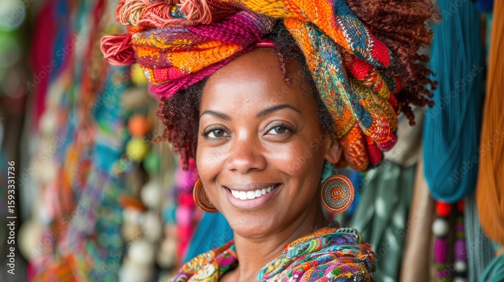 Fototapeta premium African woman with vibrant headwrap smiling in colorful market filled with handmade crafts