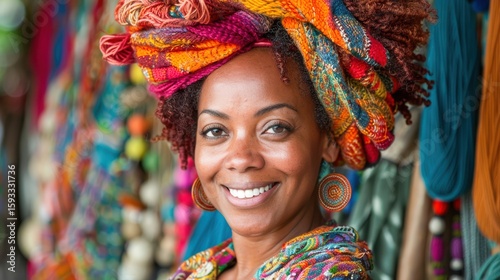 African woman with vibrant headwrap smiling in colorful market filled with handmade crafts