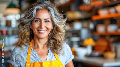 Smiling woman with curly hair wearing yellow apron in a cozy kitchen setting with fresh ingredients