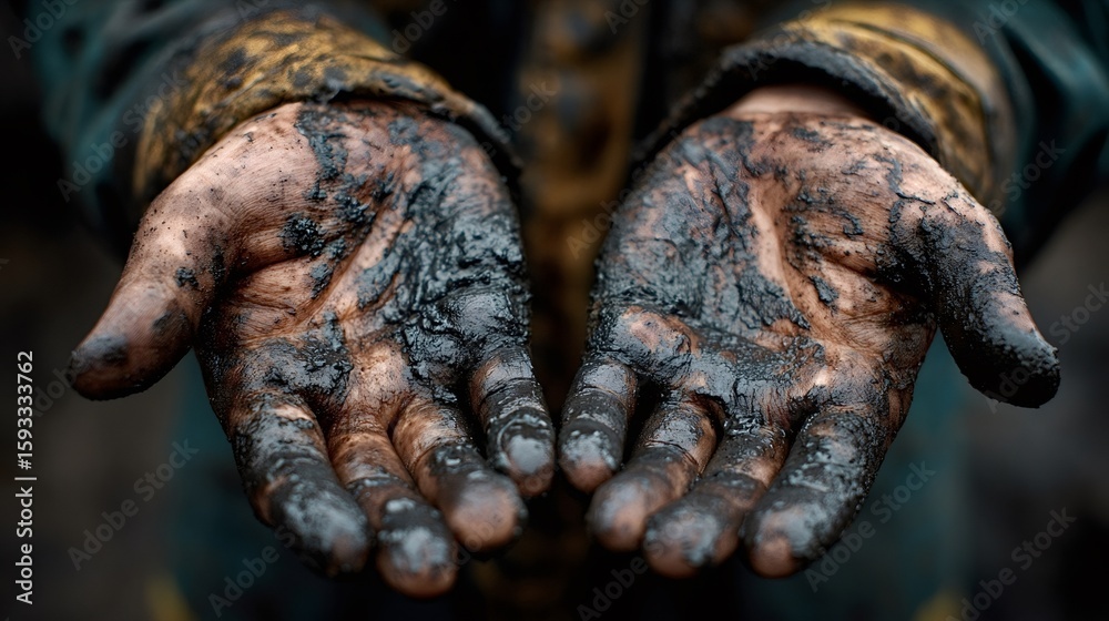 Close up of a worker's dirty hands, covered in thick black oil or tar, highlighting the demanding nature of manual labor and industrial work Close up of a worker's dirty hands, covered in thick black oil or tar, highlighting the demanding nature of manual labor and industrial work