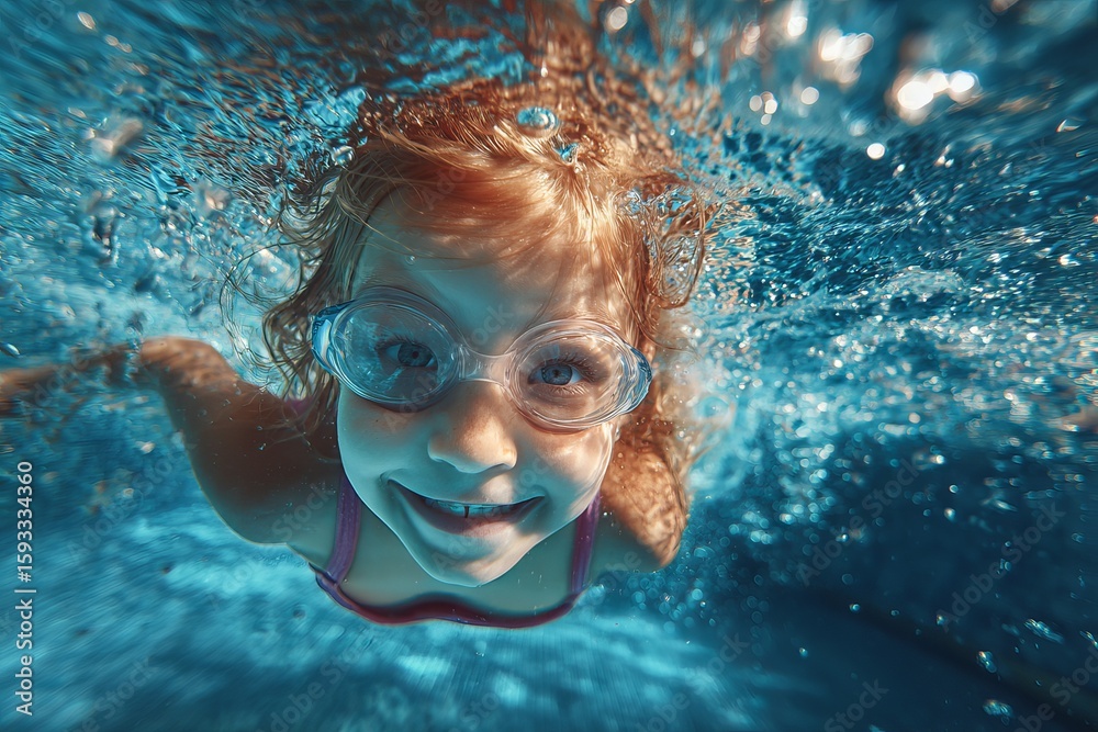Fototapeta premium Underwater fun: A smiling girl dives into refreshing blue water wearing goggles, embracing summer joy and childhood exuberance.
