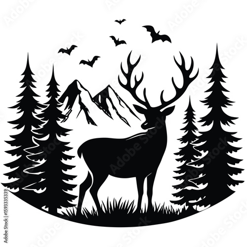Pure black design of a majestic stag standing in a forest clearing with tall pine trees and birds flying overhead, distant mountains and grass at its feet, isolated on white background