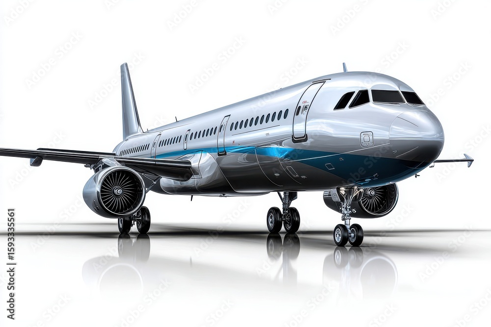 Fototapeta premium Sleek modern aircraft poised for takeoff under bright skies in a bustling airport environment