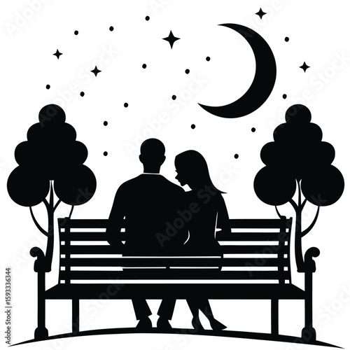 Pure black design of a man and woman sitting closely together on a park bench, gazing at the night sky filled with stars and a crescent moon above them, isolated on white background