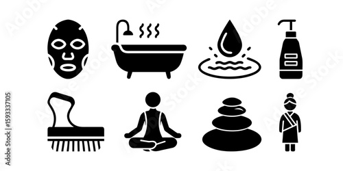 Set of vector spa icons including bathtub, cream jar, facial mask, and drops. Ideal for wellness, beauty, skincare, and bath-related visuals.