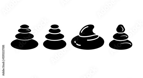 Vector silhouette icons of hot stones and spa rocks used in wellness treatments. Great for massage, spa branding, relaxation content.