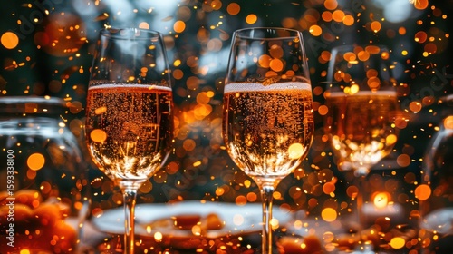 Sparkling champagne glasses on festive table with bokeh lights creating a celebratory atmosphere