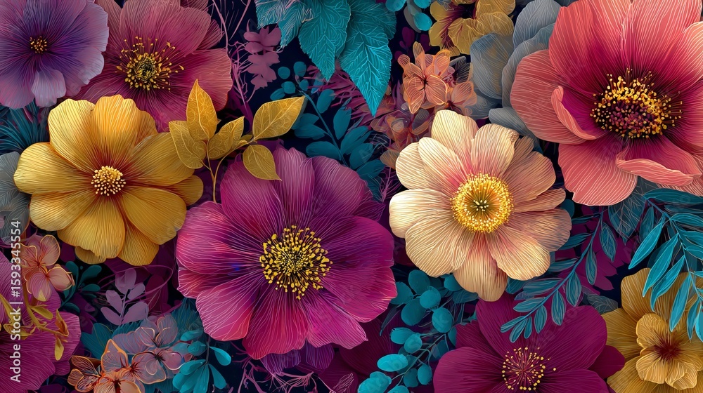 custom made wallpaper toronto digitalAn exquisite floral tapestry of richly colored blossoms, featuring deep purples, vibrant yellows, and teal foliage against a dark backdrop.