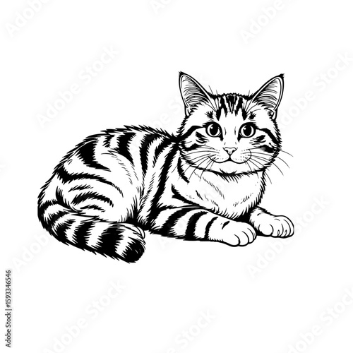 Cute fluffy kitten with tail is lying, black and white drawing. vector illustration. Funny cat, isolated on white background. Topics related to pets, veterinary clinics, shelters and children's books