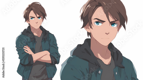Anime young man with brown hair and blue eyes, confident pose, white background. edited gaze. Illustration