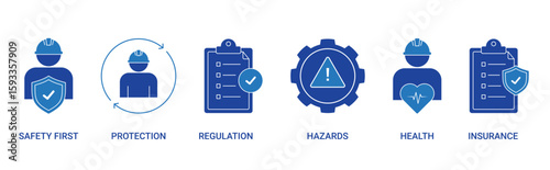 Work Safety icon set with safety first, protection, regulation, hazards, health, insurance concept illustration