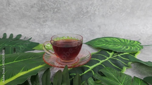 Enjoying Warm Beverage Surrounded by Tropical Leaves Peaceful Still Life