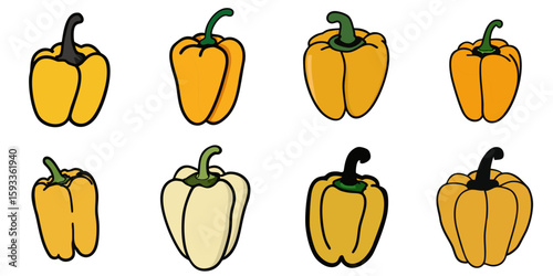 Multiple vector illustrations of yellow bell pepper with doodle-like drawings

