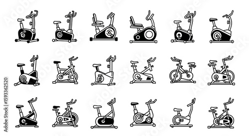 A collection of twenty different stationary exercise bike illustrations in black and white, showcasing various styles and designs.