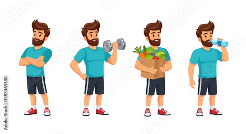 Cartoon man in four poses: arms crossed, lifting a dumbbell, holding groceries, and drinking water, illustrating a healthy lifestyle.