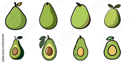 Multiple vector illustrations of avocado with doodle-like drawings

