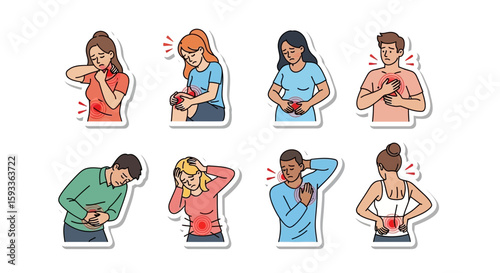 Illustration depicting various people experiencing different types of physical pain in their bodies, indicated by red circles.