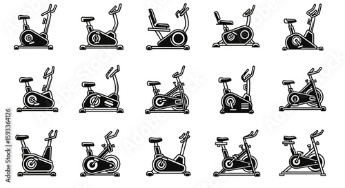 Fifteen different styles of exercise bikes are arranged in rows on a white background, depicted in black and white line art.
