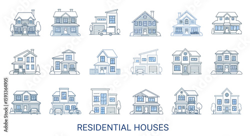 A collection of fifteen different residential house illustrations, each with unique architectural styles, depicted in blue line art on a white background.