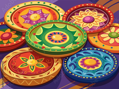 vector of Round clay plates with traditional designs and bright colors...