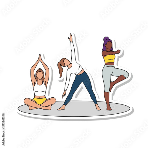 Three women performing different yoga poses on a gray circular mat, showcasing flexibility and balance.