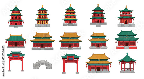 Collection of fifteen vector illustrations depicting traditional Chinese architecture, including pagodas, temples, gates, and a stone bridge, all in vibrant colors.