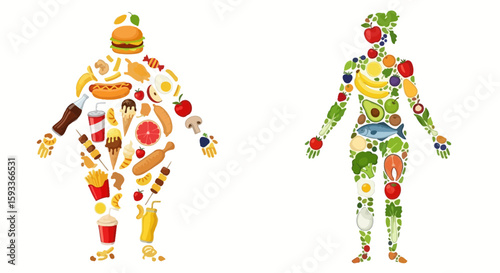 Two human figures, one filled with unhealthy foods and the other with healthy foods, illustrating contrasting dietary choices.