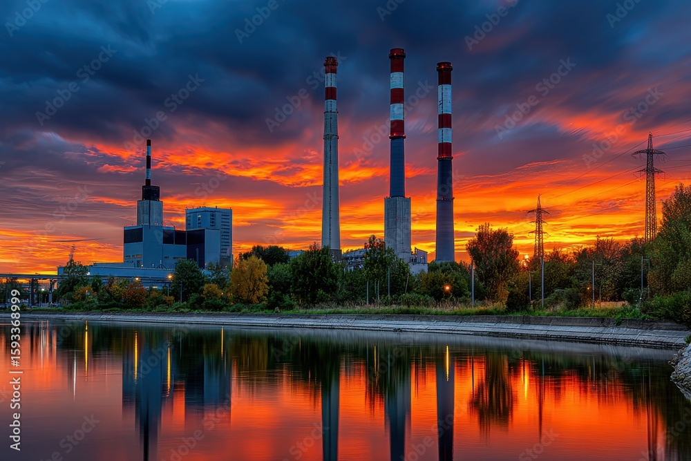 Naklejka premium Breathtaking sunset reflecting on tranquil waters beside industrial power plant in vibrant hues of orange and red