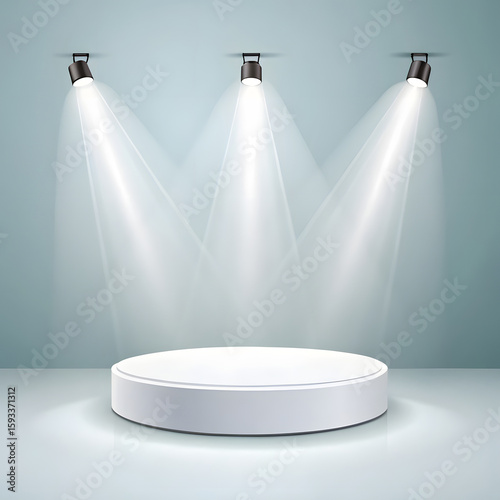 Futuristic product showcase scene with a central white circular podium placed under multiple focused spotlights