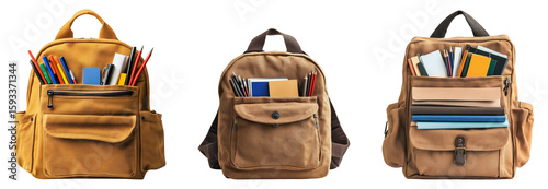 Three assorted backpacks filled with school supplies on a transparent background