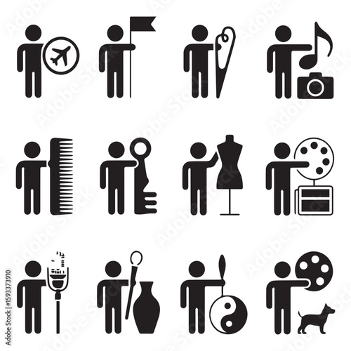 A collection of various stick figure icons representing different professions and hobbies, isolated on white background