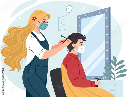 Hairdresser cutting hair at salon wearing mask during pandemic for safety and health protocols