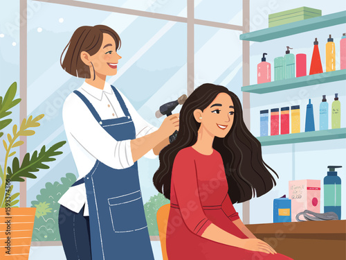 Hair salon appointment woman getting professional blow dry hairstyle beauty treatment and hair care service