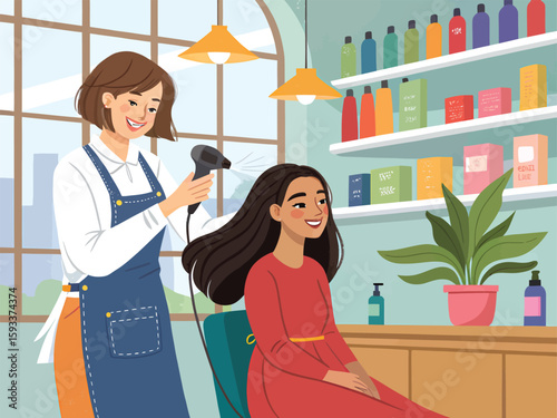 Hair salon appointment: woman getting her hair styled and dried by a professional stylist today
