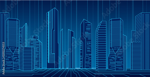 Futuristic city with blue neon lines, smart city with circuits, technology and innovation concept, smart city concept, Blue futuristic cityscape background