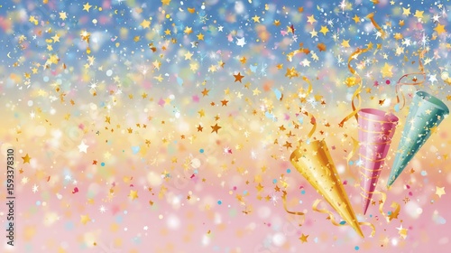 Festive confetti background with party poppers