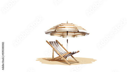 beige striped beach chair and umbrella watercolor illustration isolated on transparent background
