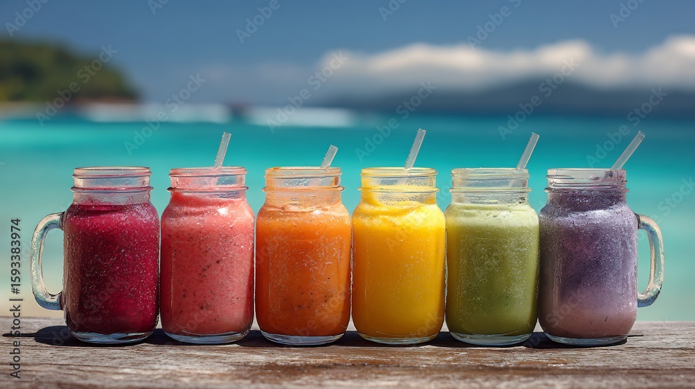 Vibrant, refreshing fruit smoothies in jars by a tropical ocean beach. Vibrant, refreshing fruit smoothies in jars by a tropical ocean beach.