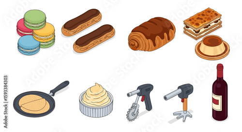 Isometric illustration of assorted pastries, cooking tools, and a bottle of red wine on a white background