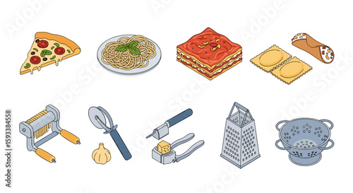 Isometric illustration of italian cuisine dishes and kitchen utensils on a white background view from above