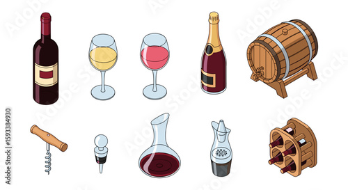 Isometric illustration of wine bottles glasses corkscrew barrel and wine rack on a white background