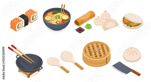 Isometric view of asian cuisine featuring sushi ramen spring rolls and various cooking utensils set on white