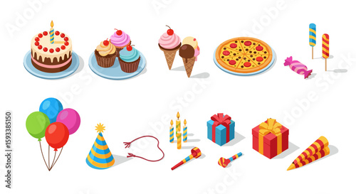 Isometric birthday party arrangement with cake cupcakes ice cream pizza balloons and gifts on white