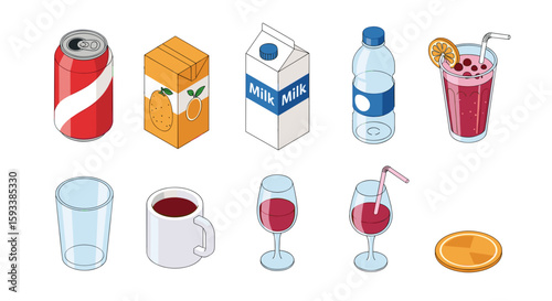 Isometric illustration of various beverages including soda juice milk water and wine glasses displayed