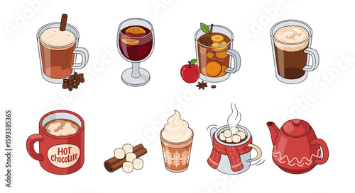 Assorted festive beverages including hot chocolate mulled wine and spiced cider arranged in a decorative layout